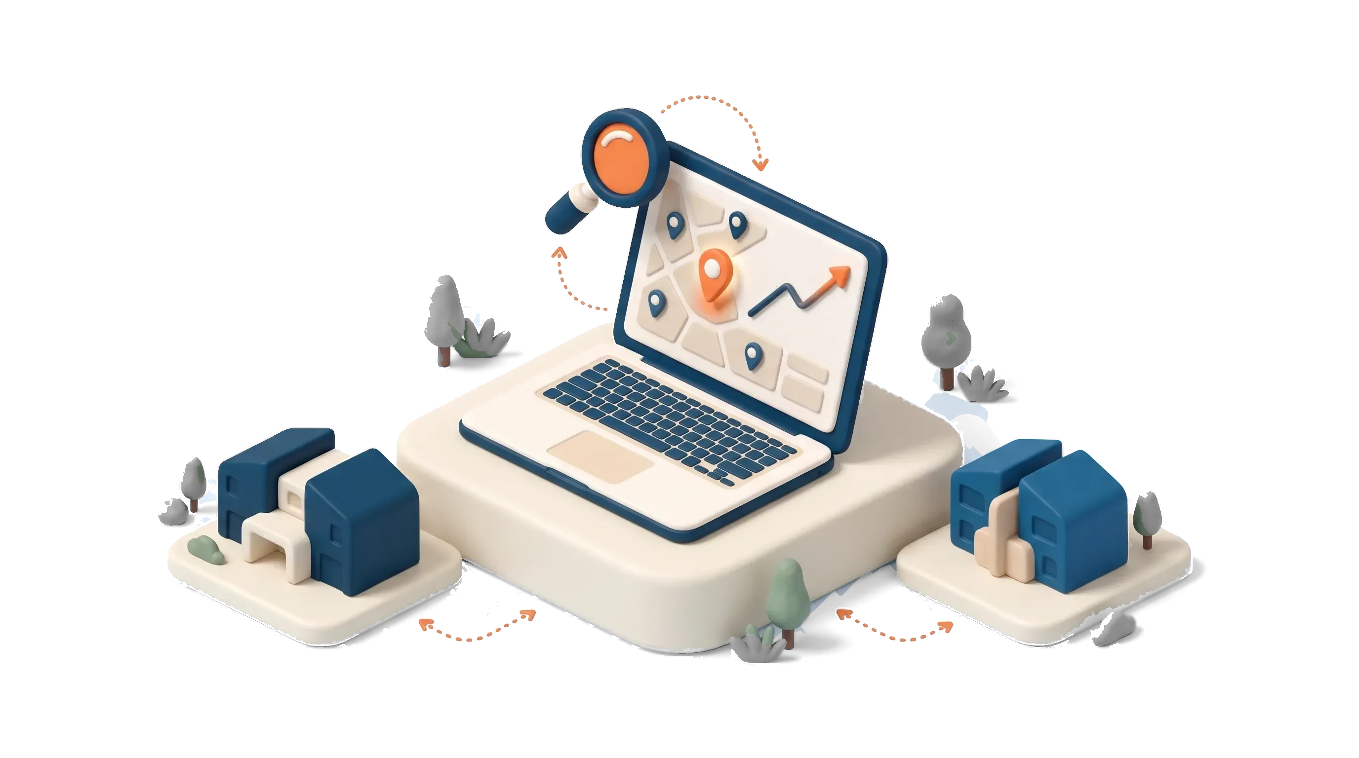 Isometric laptop showing an abstract suburb growth-score dashboard with map pins
