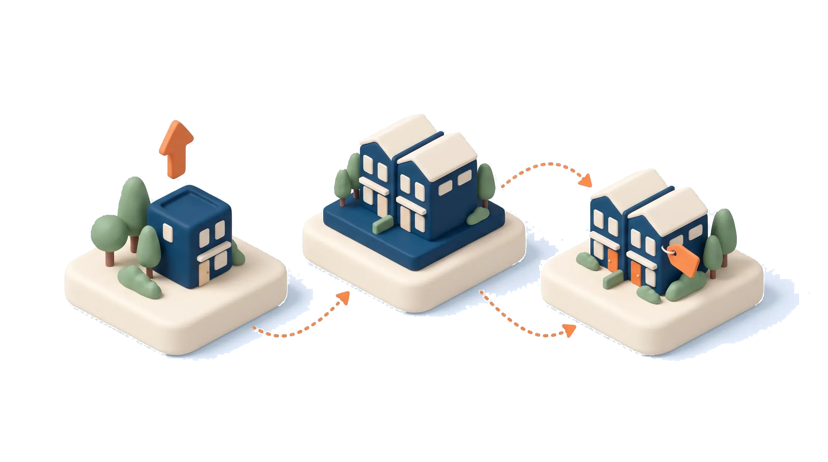 Isometric illustration of the buy, hold and sell stages of the property cycle
