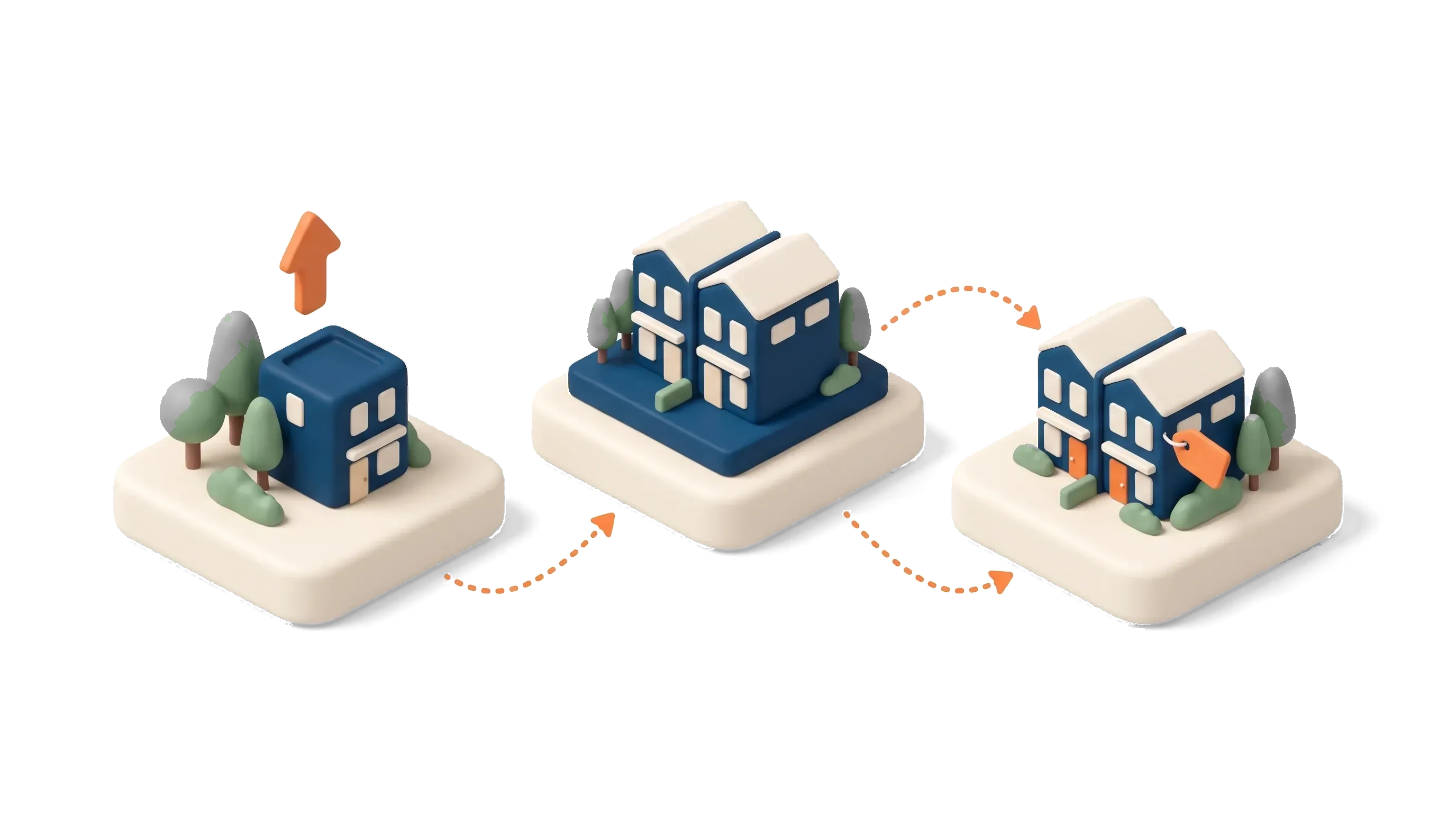 Isometric illustration of the buy, hold and sell stages of the property cycle