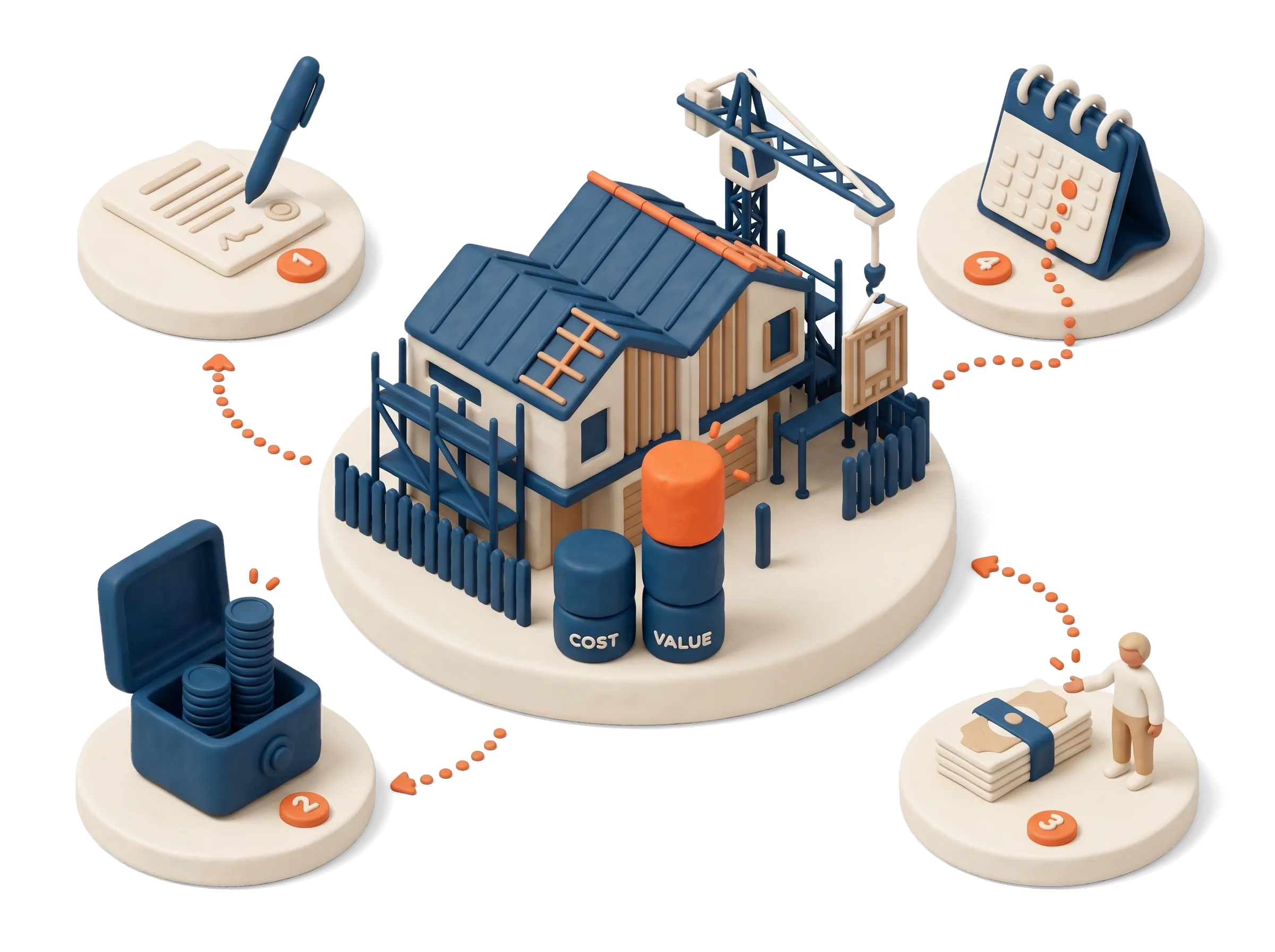 A builder and an investor studying the same block of land, a house blueprint and a model home between them