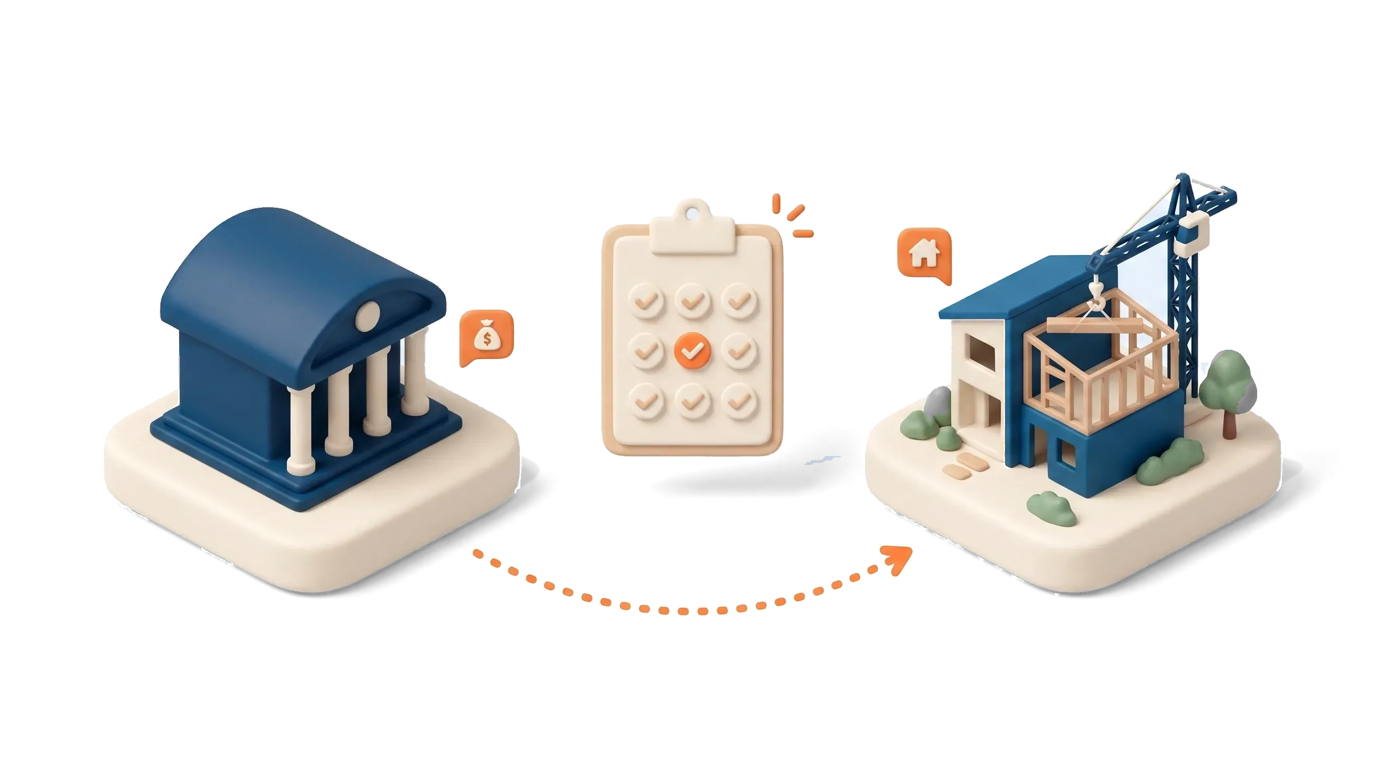 Isometric scene of a bank, a development site and a lender's checklist, illustrating property development funding