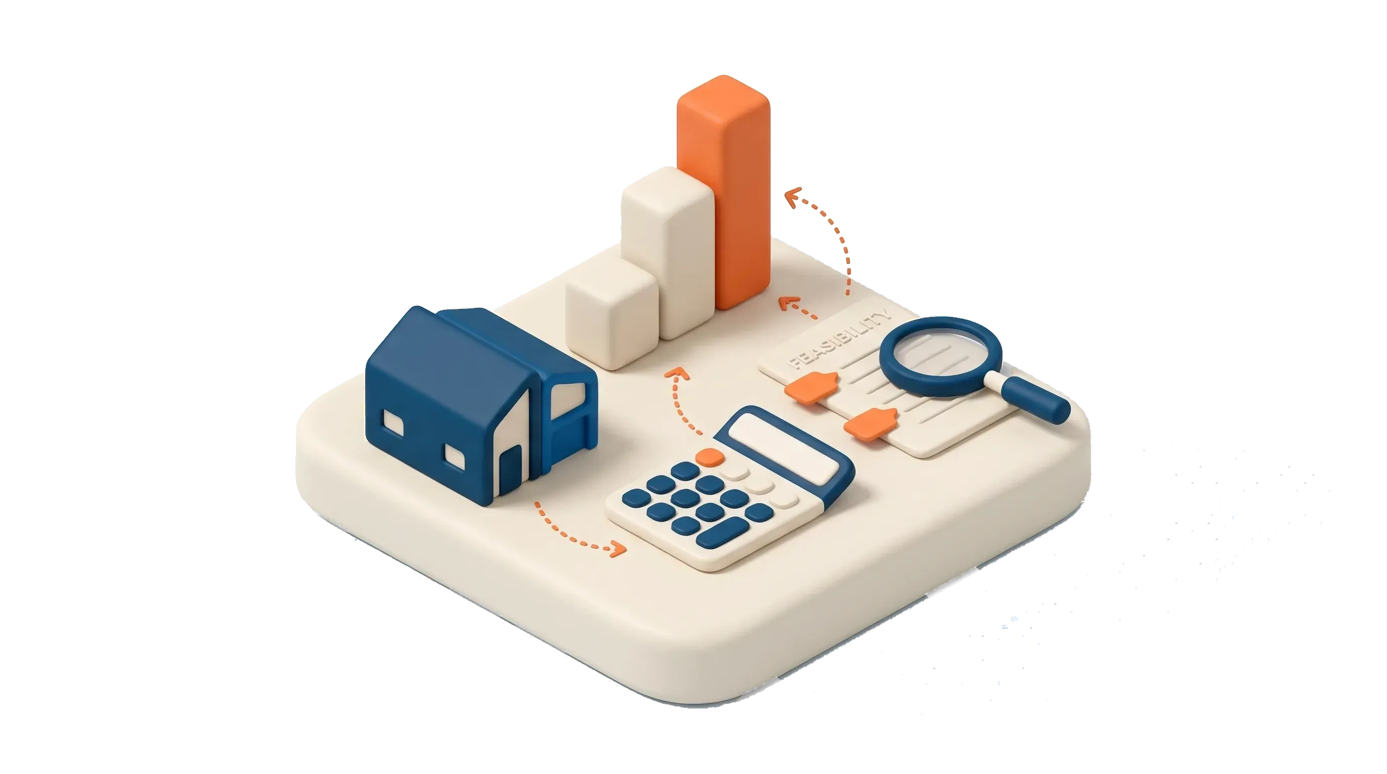 Isometric illustration of a development feasibility: a house beside a rising margin bar and a calculator