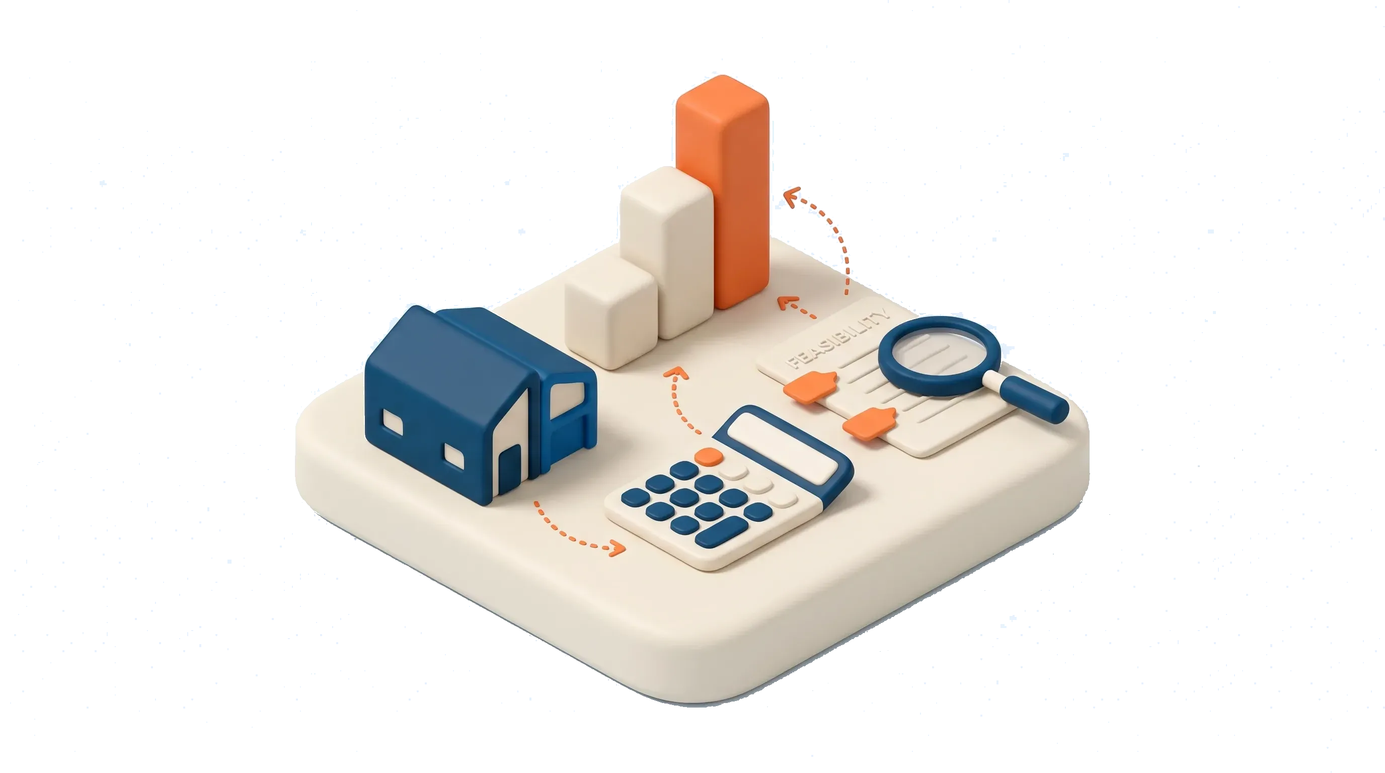 Isometric illustration of a development feasibility: a house beside a rising margin bar and a calculator
