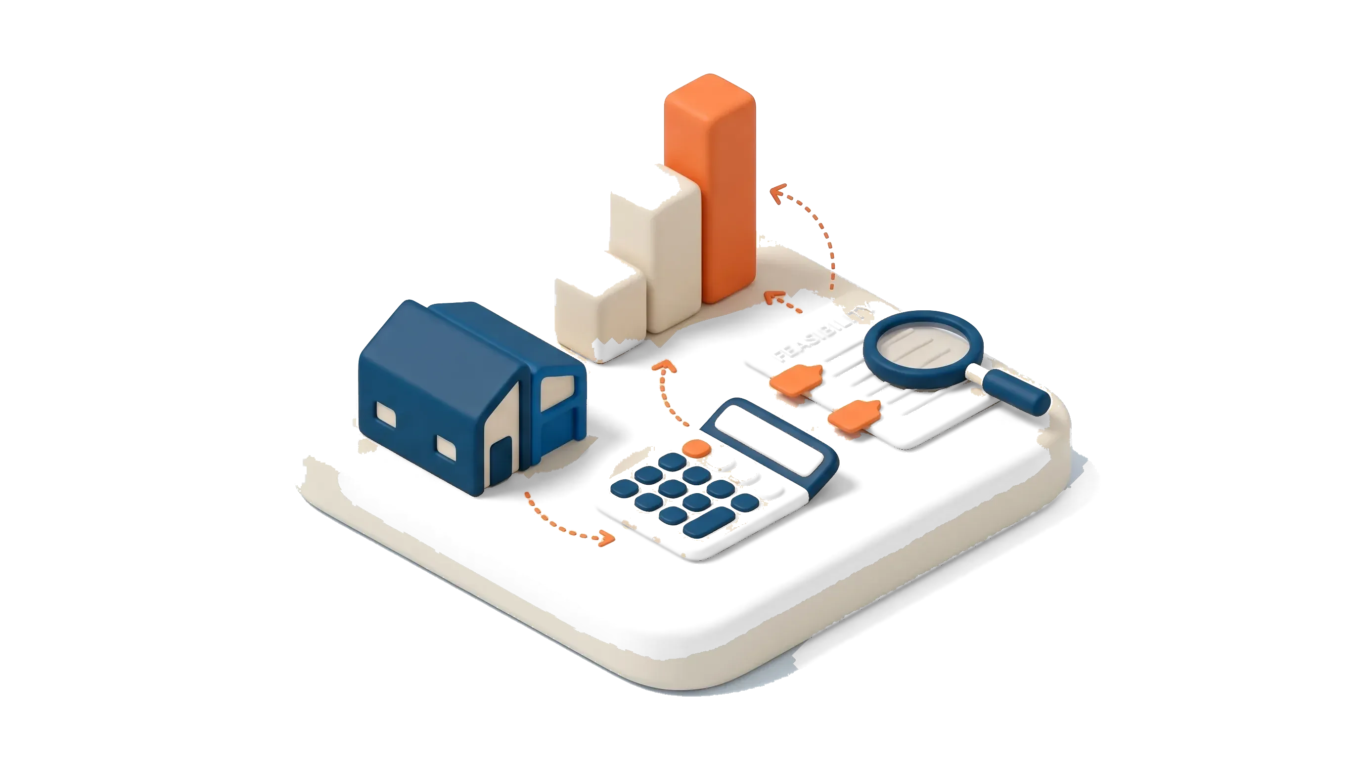 Isometric illustration of a development feasibility: a house beside a rising margin bar and a calculator