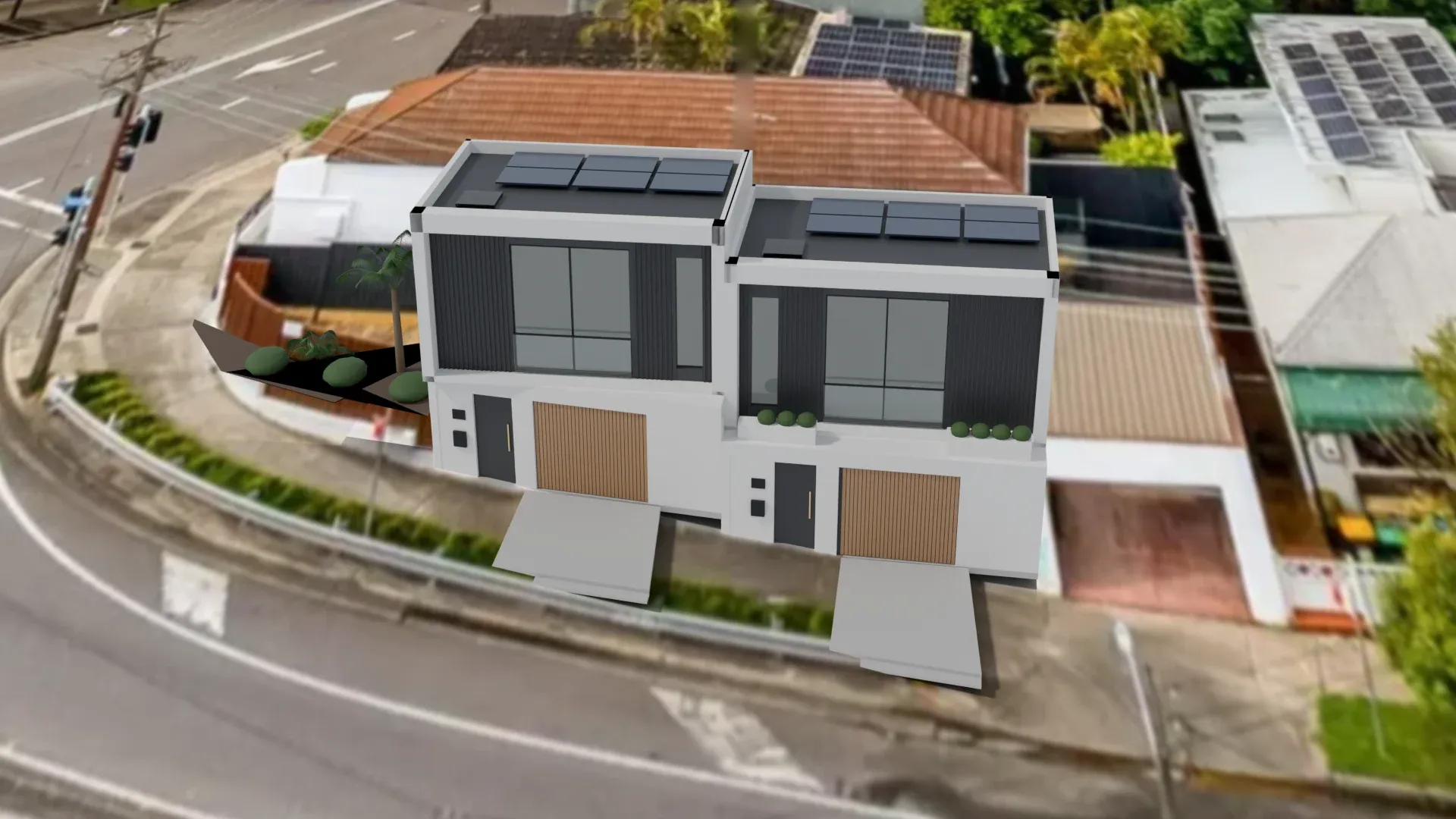 Render of two contemporary micro apartments with garages below, standing on a sloping inner-west block beside a curved road