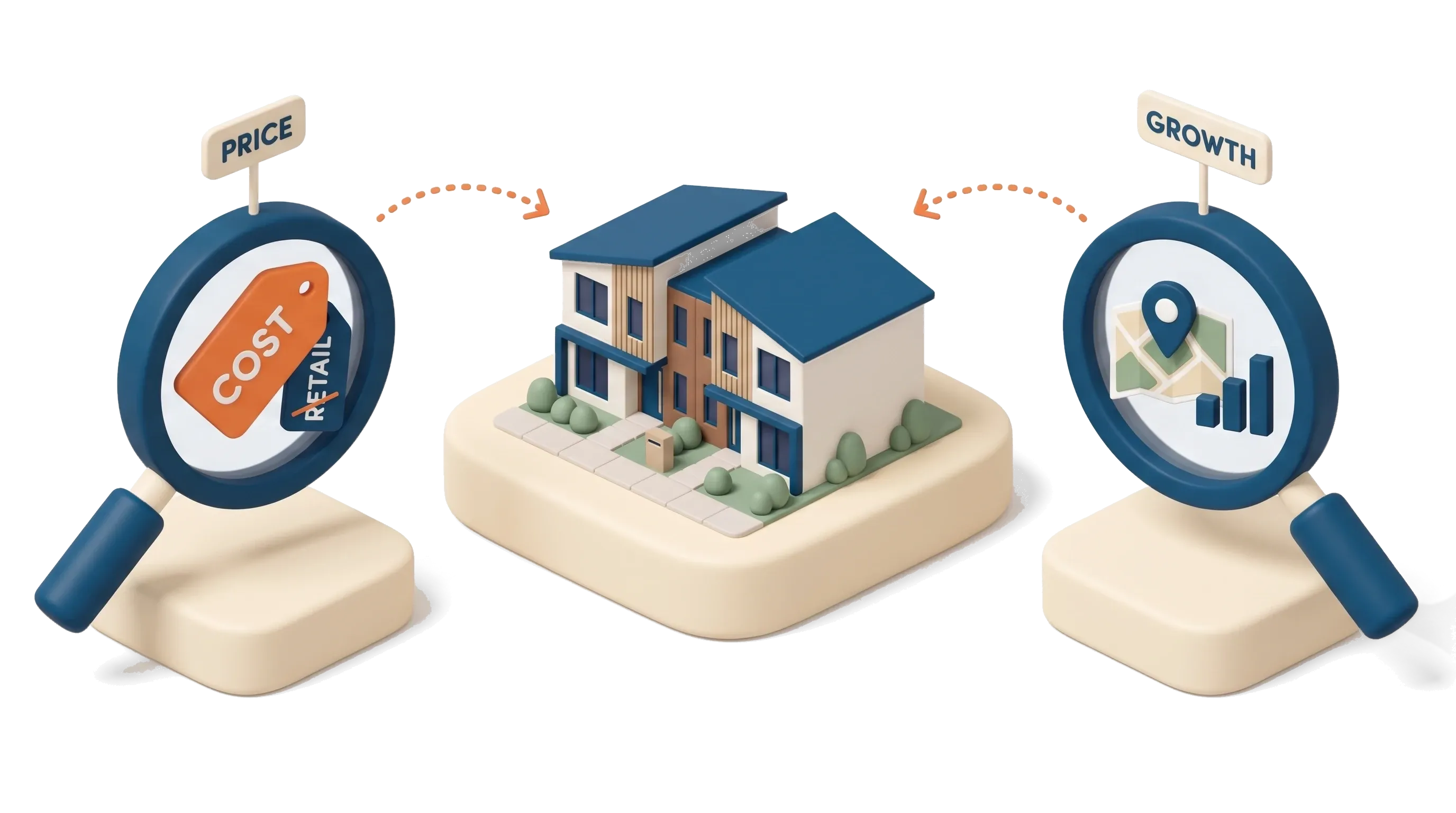 The dual lens method for property investing: a price lens showing a cost tag with the retail tag struck out, and a growth lens showing a suburb map and a rising chart, both focused on a brand new Australian townhouse pair