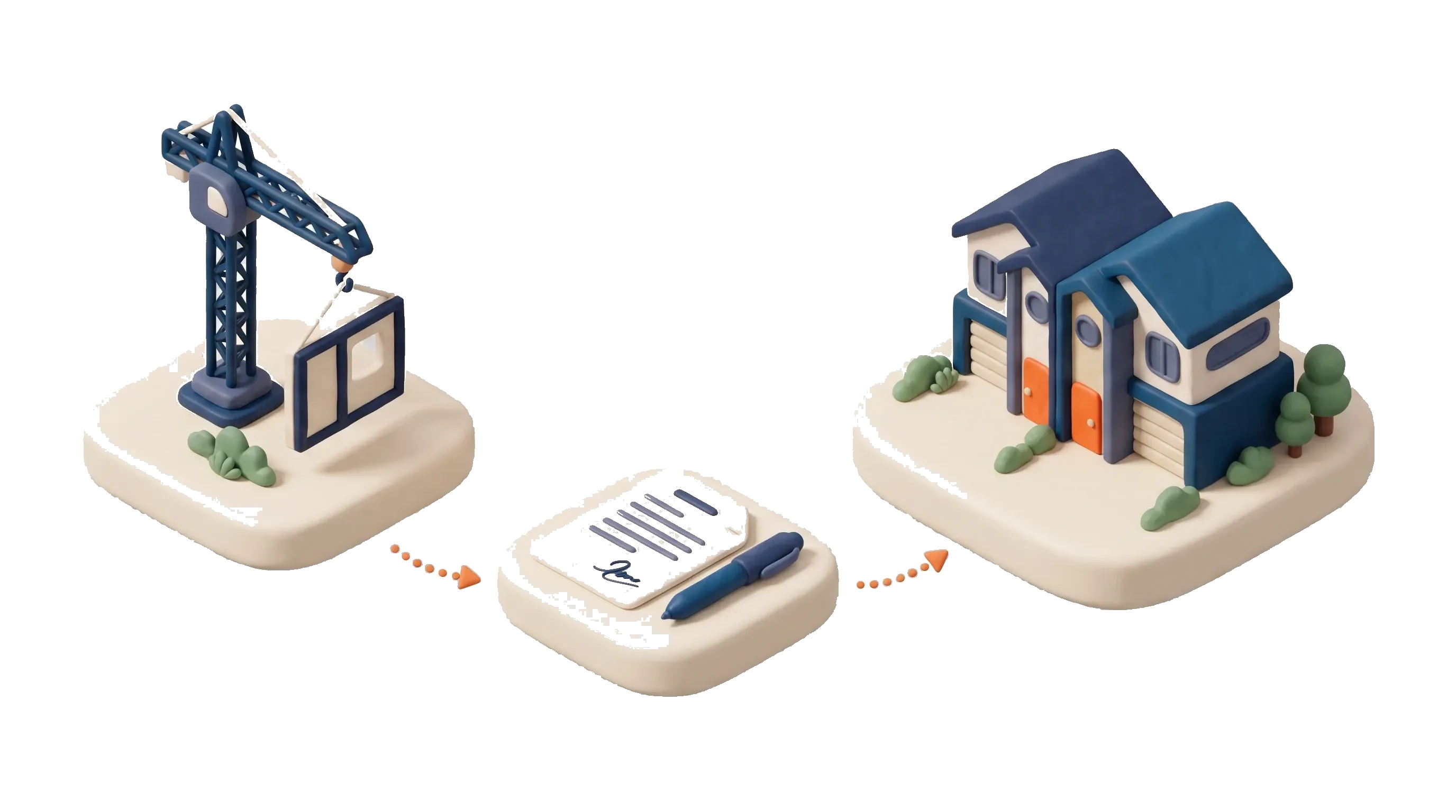 Isometric illustration of a FracHaus co-development: a crane and signed contract leading to a finished Australian townhouse pair