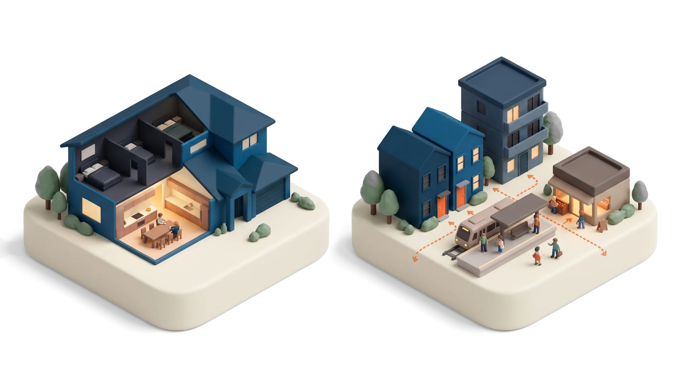 Housing affordability in Australia: a large four-bedroom family house with three empty bedrooms and one person at the table, beside a cluster of small homes by a train station