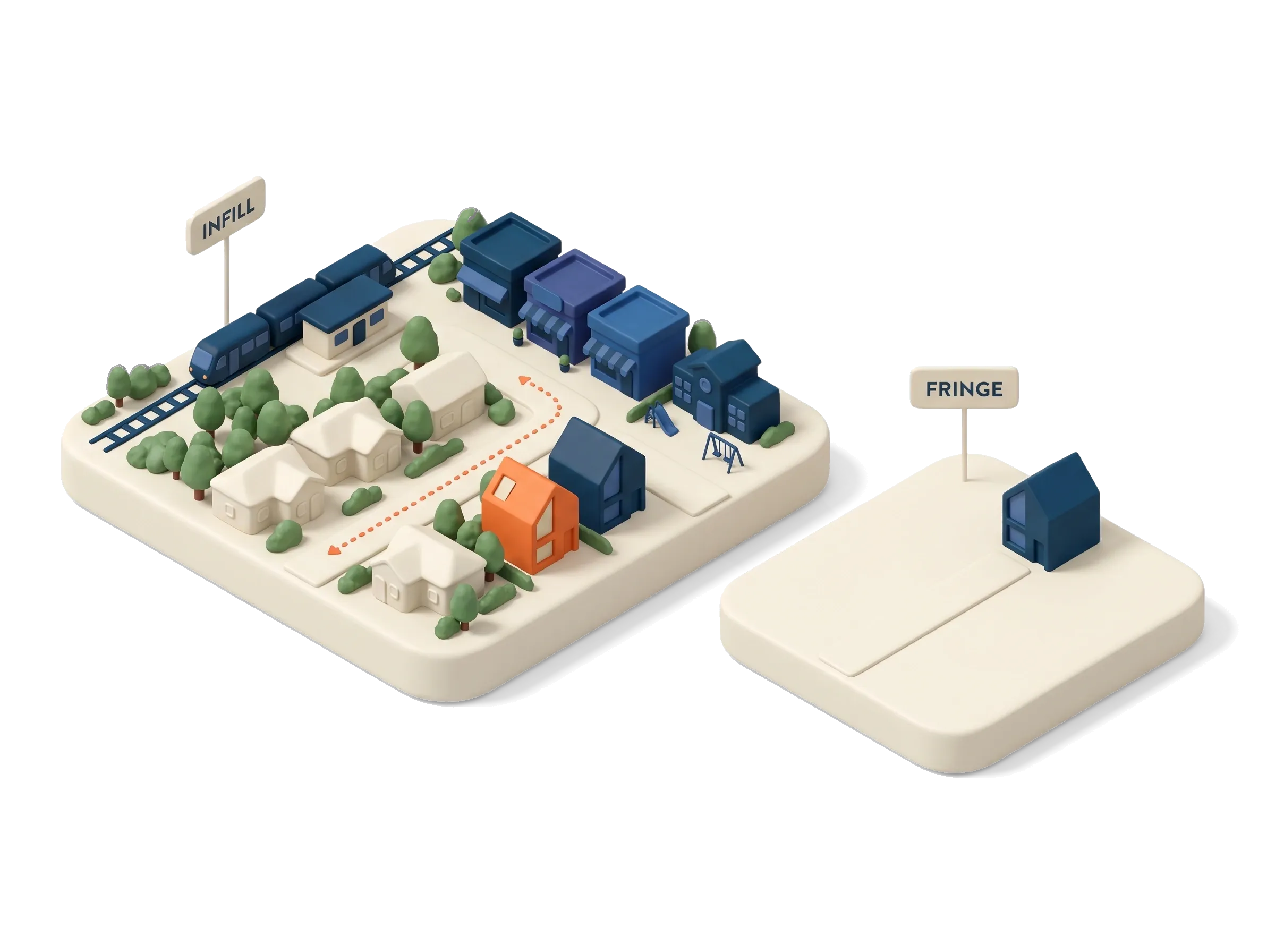 Infill housing against the fringe: an established suburb with a train line, shops, a school and new small homes, beside one lone house on an empty road