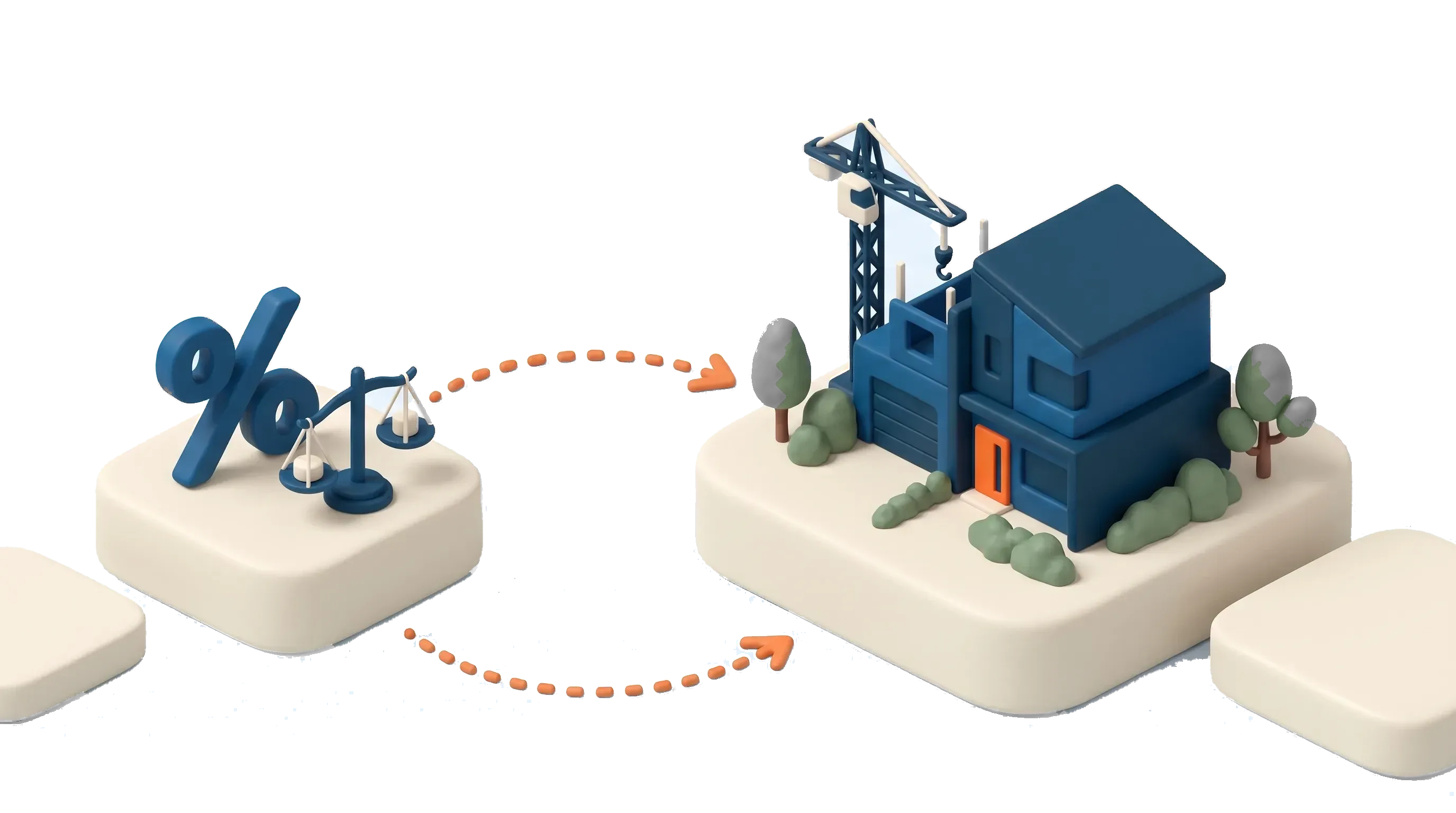 Isometric scene of a percentage sign and balance scales beside a townhouse under construction, showing how interest rates weigh on a development