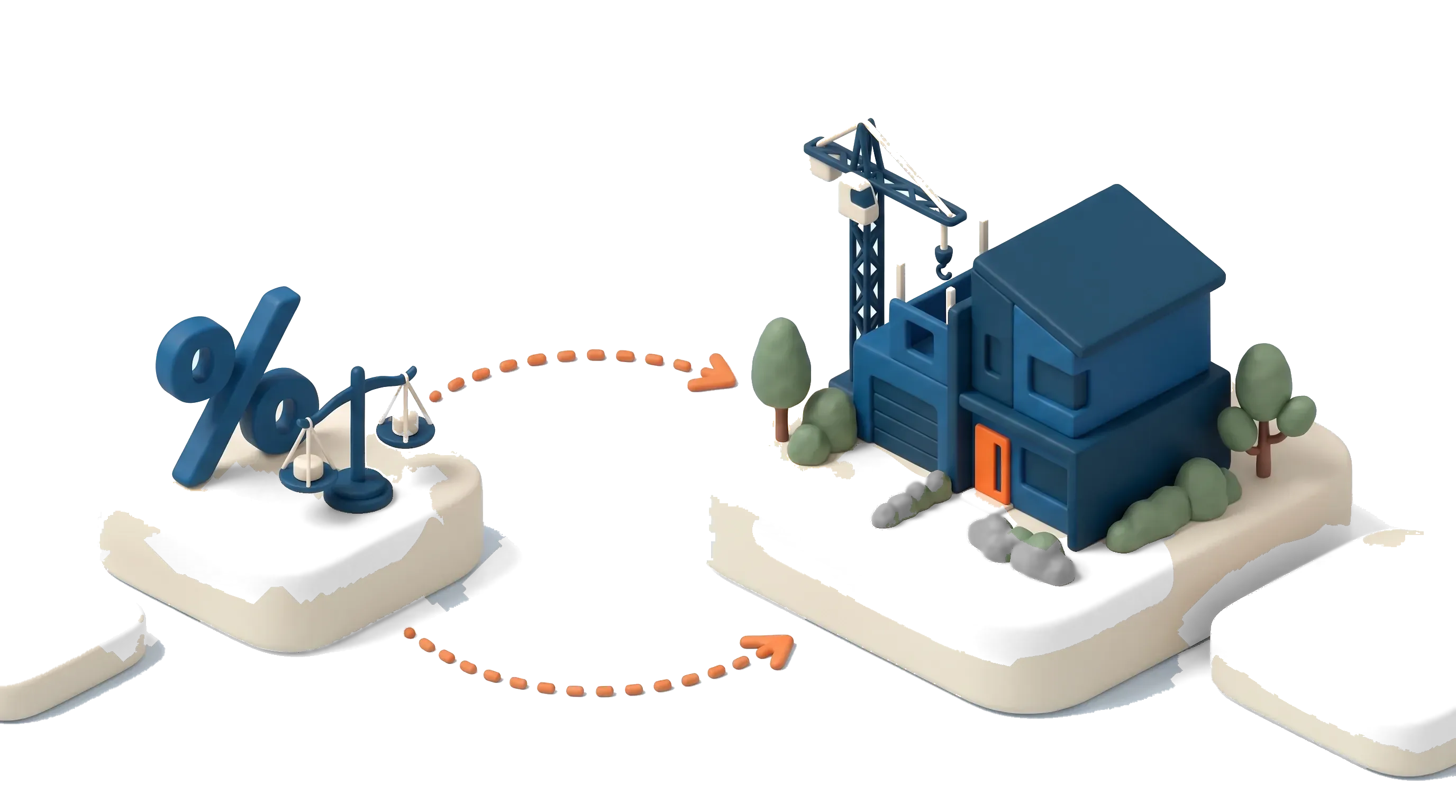 Isometric scene of a percentage sign and balance scales beside a townhouse under construction, showing how interest rates weigh on a development