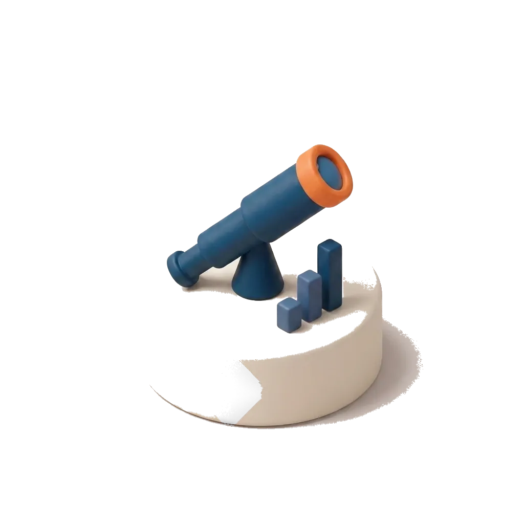 A telescope over a rising bar chart, market research before land