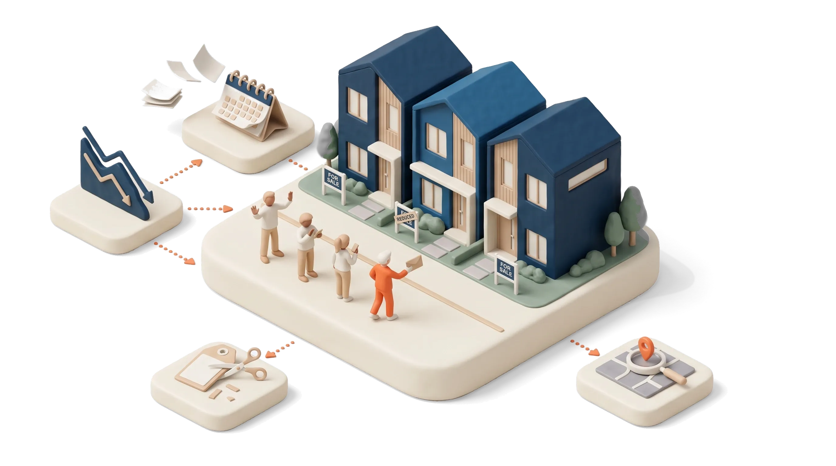 Is now a good time to buy a house: a row of navy townhouses with for-sale signs, a group of buyer figurines frozen behind a line and one orange buyer stepping forward with an offer