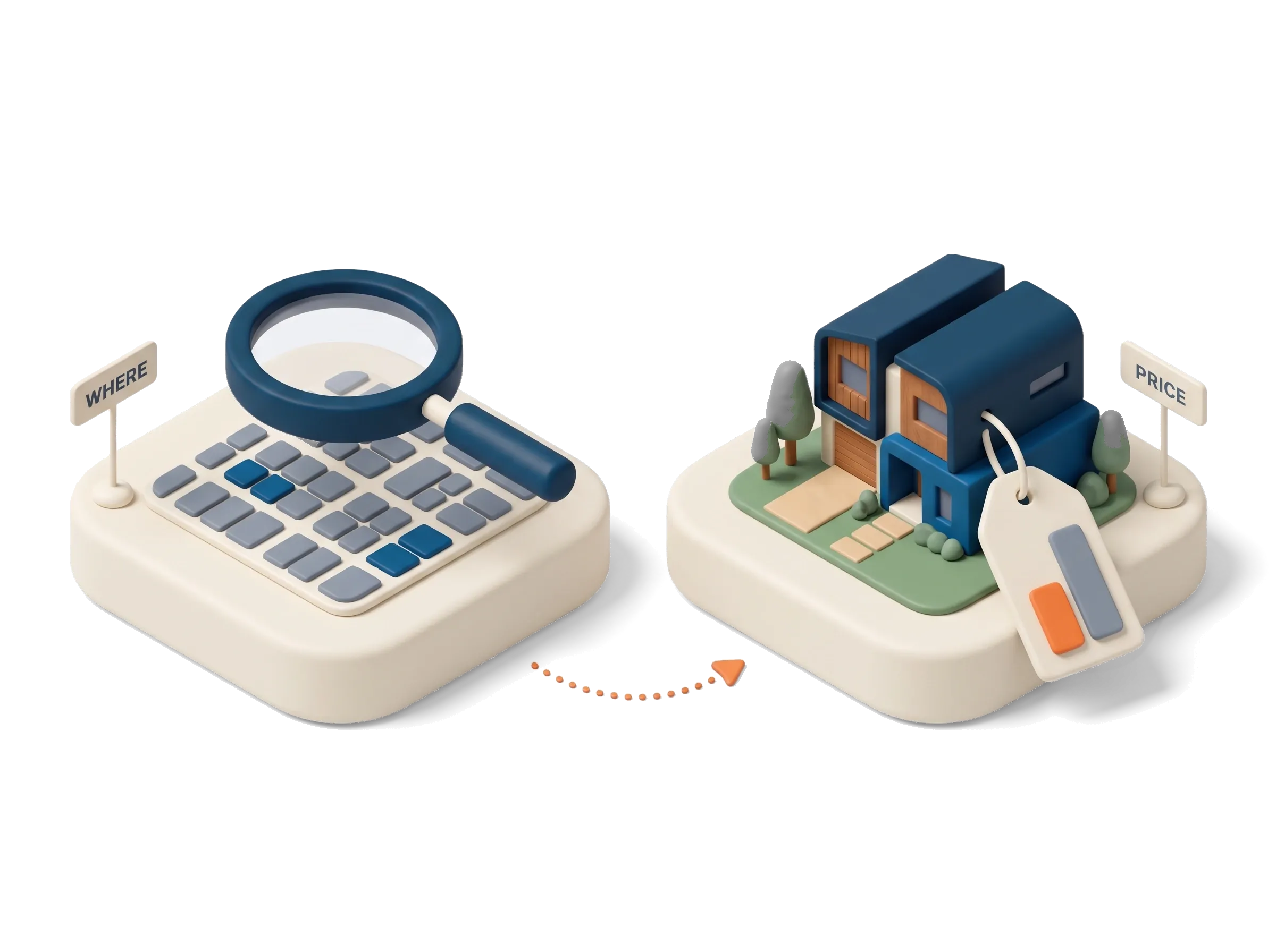 Two lenses for buying a house: a magnifying glass over a mostly grey suburb map labelled where, and a brand-new townhouse with a price tag labelled price