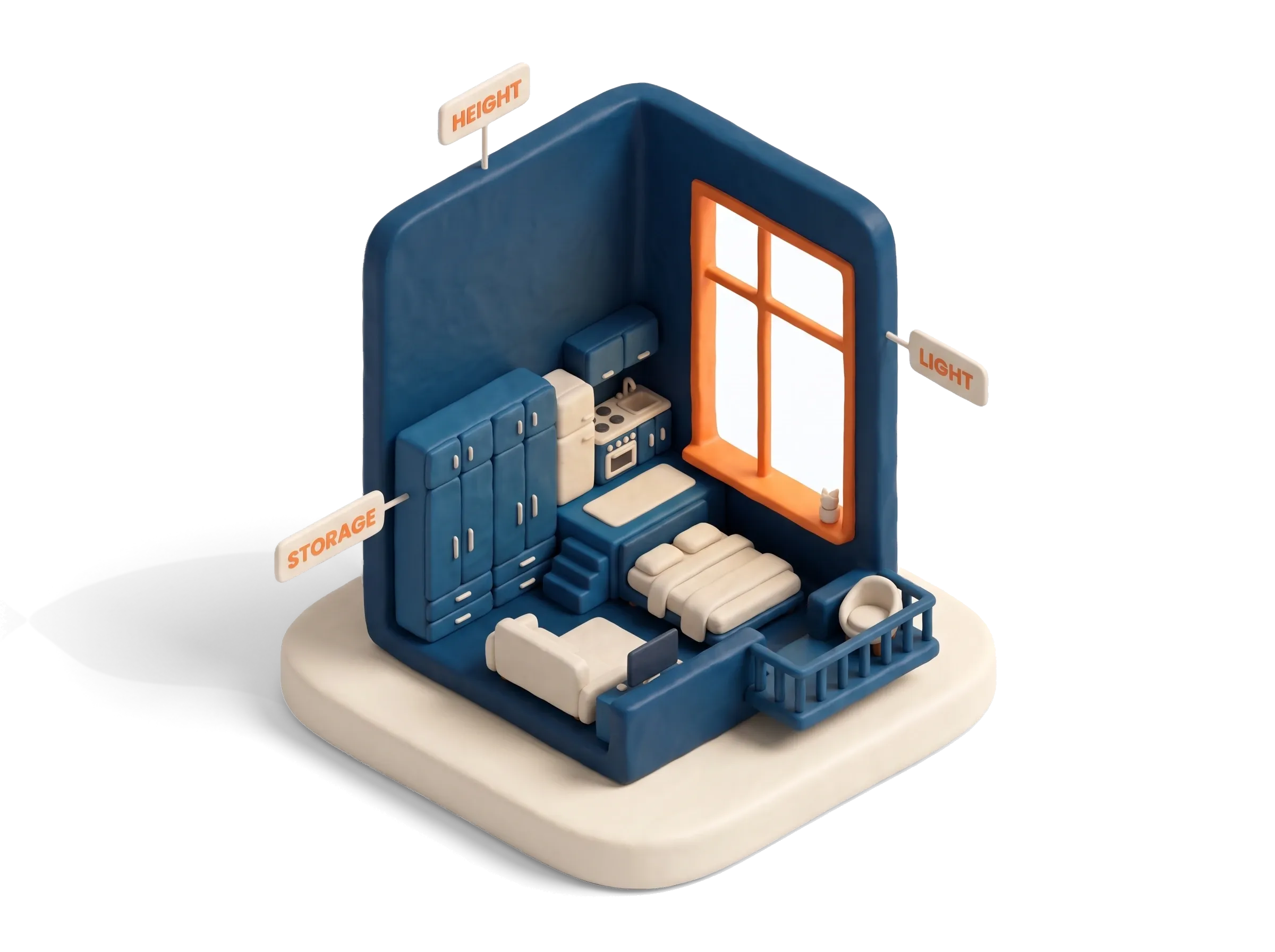What makes a micro apartment work: a cutaway studio with a tall ceiling, a large window, a full-height storage wall, a bed under a raised kitchen and a small balcony