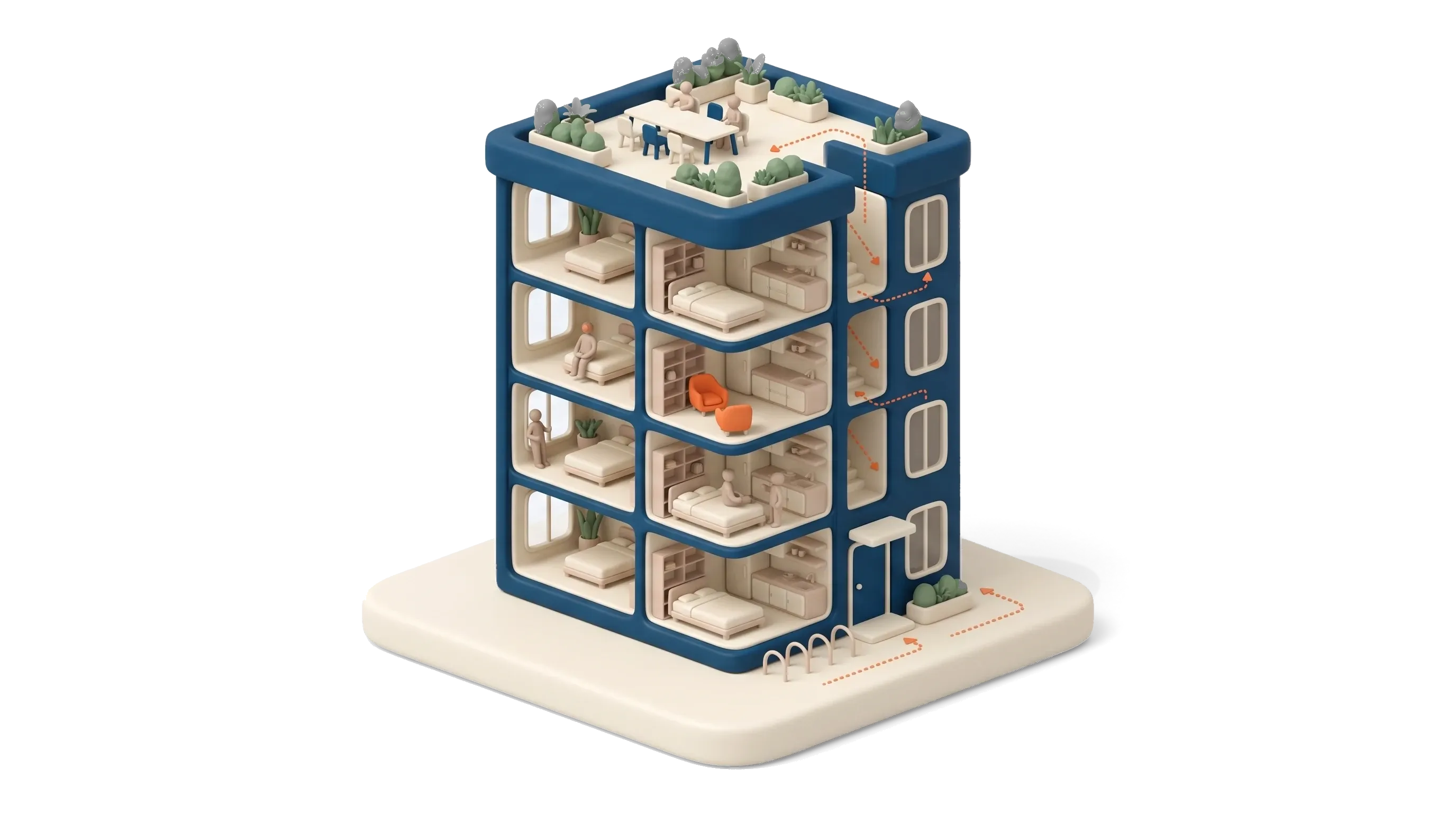 Micro apartments in Australia: a cutaway four-storey building of compact studios with tall ceilings and big windows, a shared rooftop terrace and bike racks at the entry