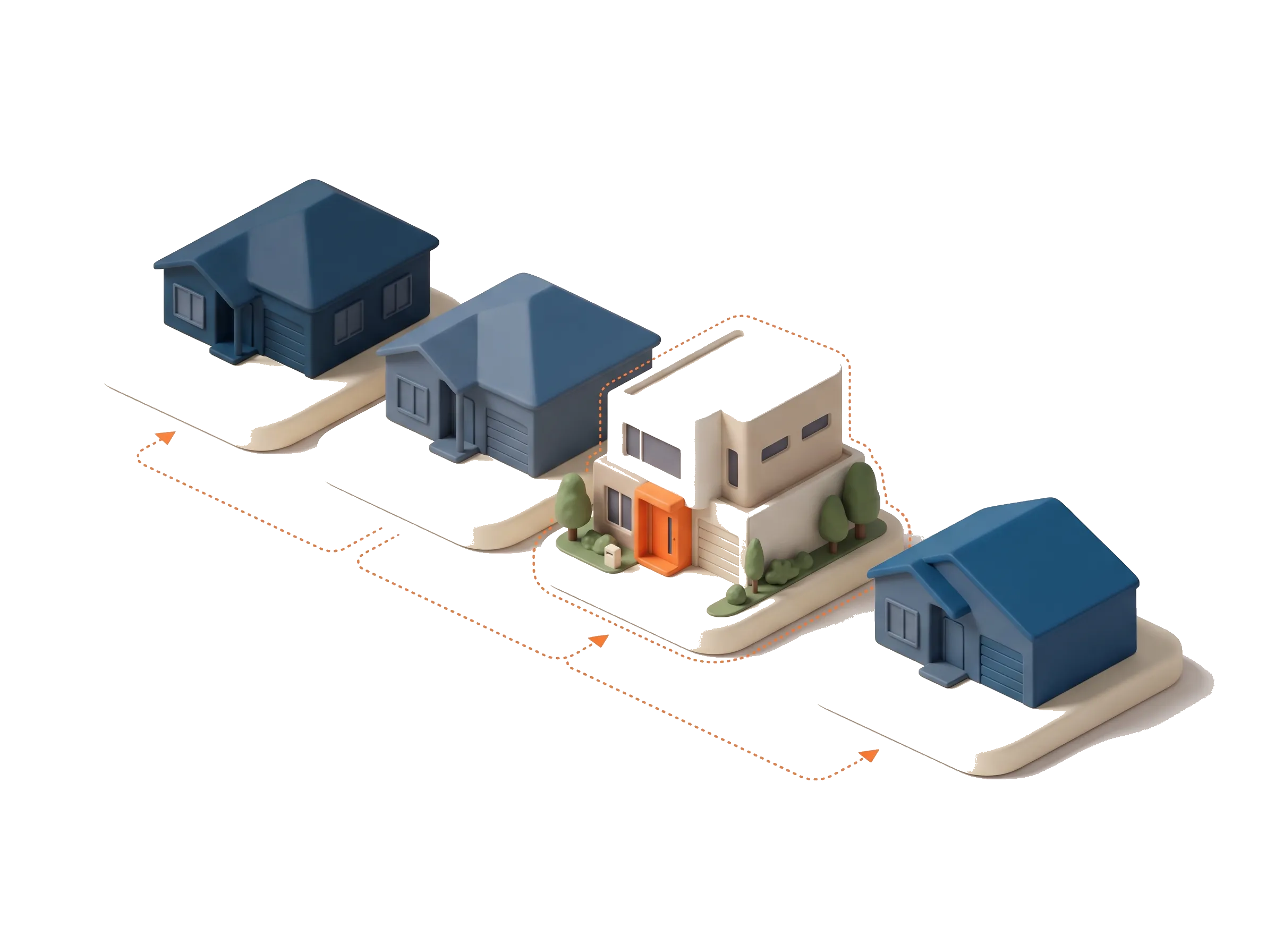 A quiet street of greyed-out established homes with a single brand-new townhouse standing out, the only one still fully negatively gearable from 2027
