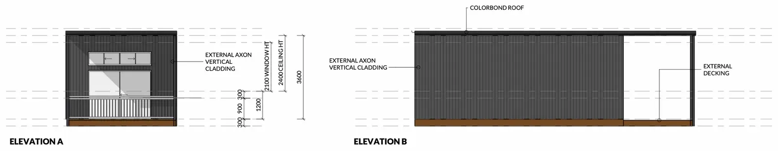 Front and side elevations showing charcoal vertical cladding, a Colorbond roof and the covered deck