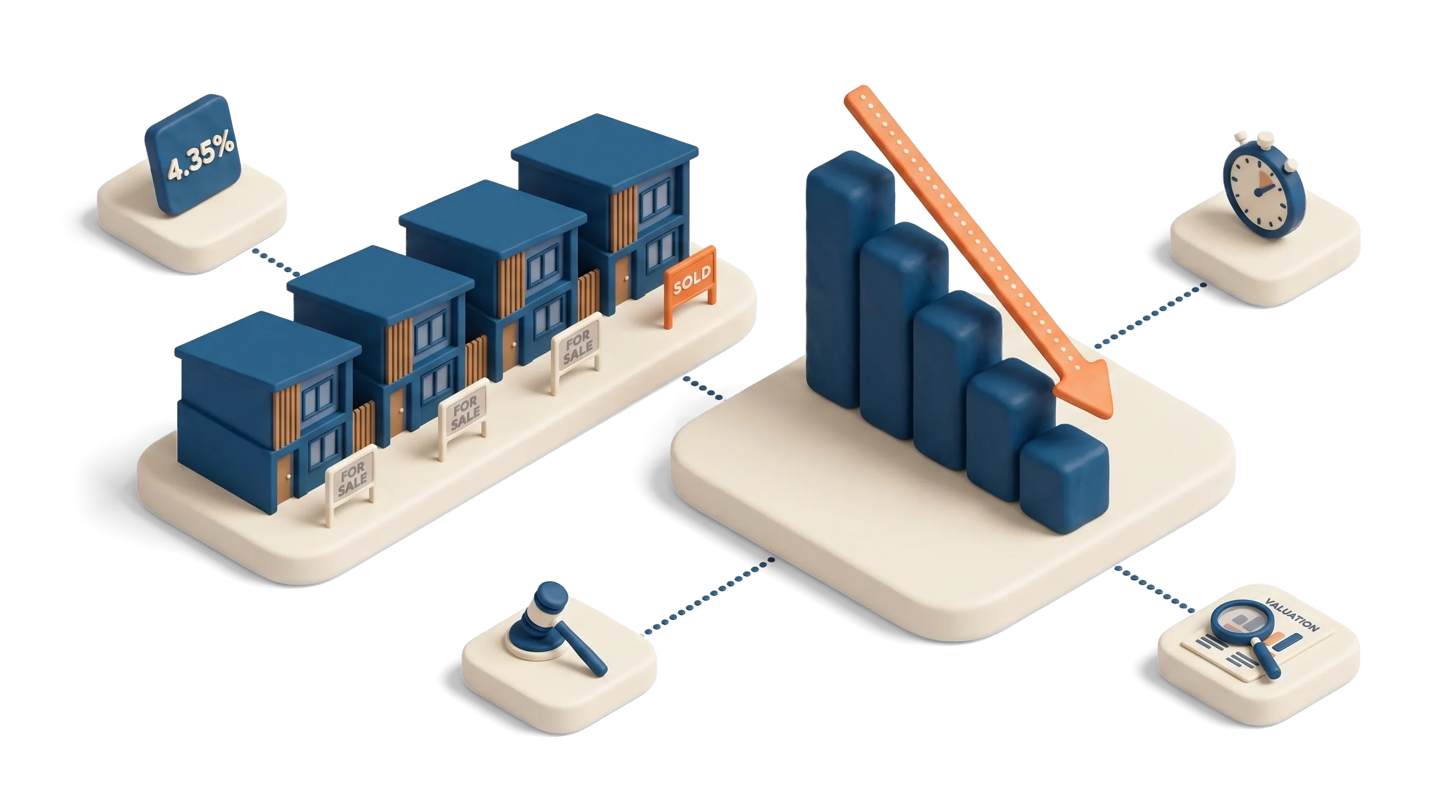 Isometric scene of the Australian property market downturn 2026: a falling navy bar chart beside a row of for-sale townhouses with one orange sold tag
