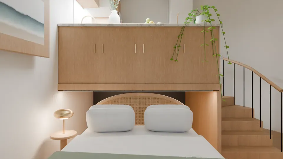 Styled render of the bed rolled out from under the kitchen platform, with white linen, an arched cane bedhead and a plant trailing from the counter above