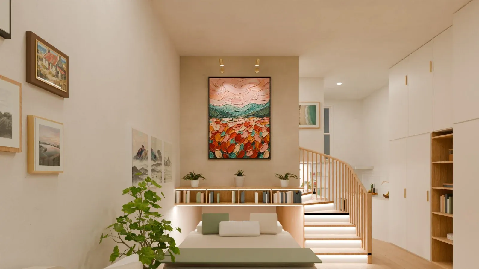 Evening render of the bed rolled out below the bookshelf, with a palette-knife landscape lit by two brass picture lights above, Table Mountain in ink wash beside it, and an LED strip under the plant ledge lighting the pillows