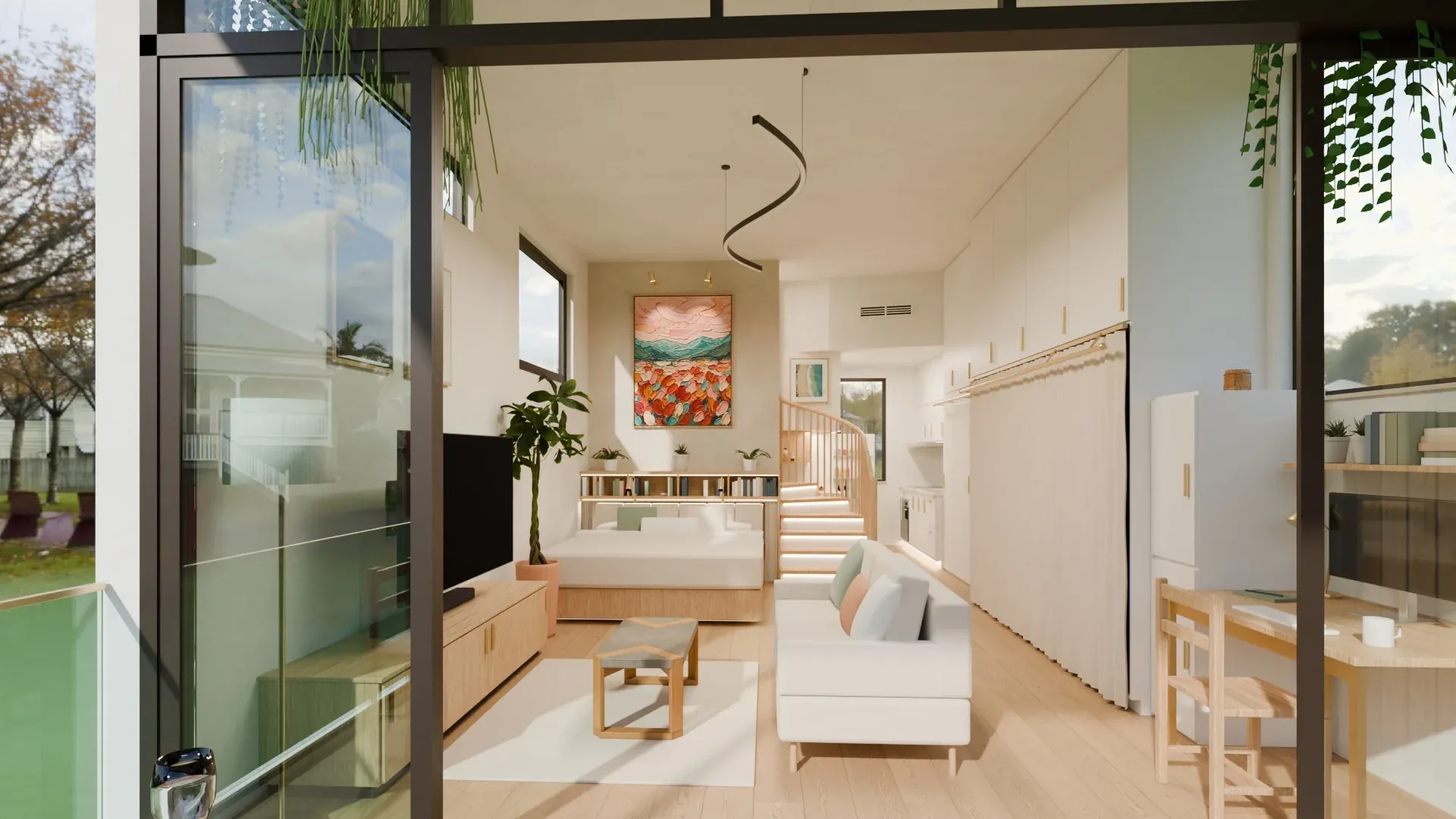 Micro housing design: the FracHaus 41.36 m² micro apartment from its deck, with full-height doors open onto a timber living room and a raised kitchen behind