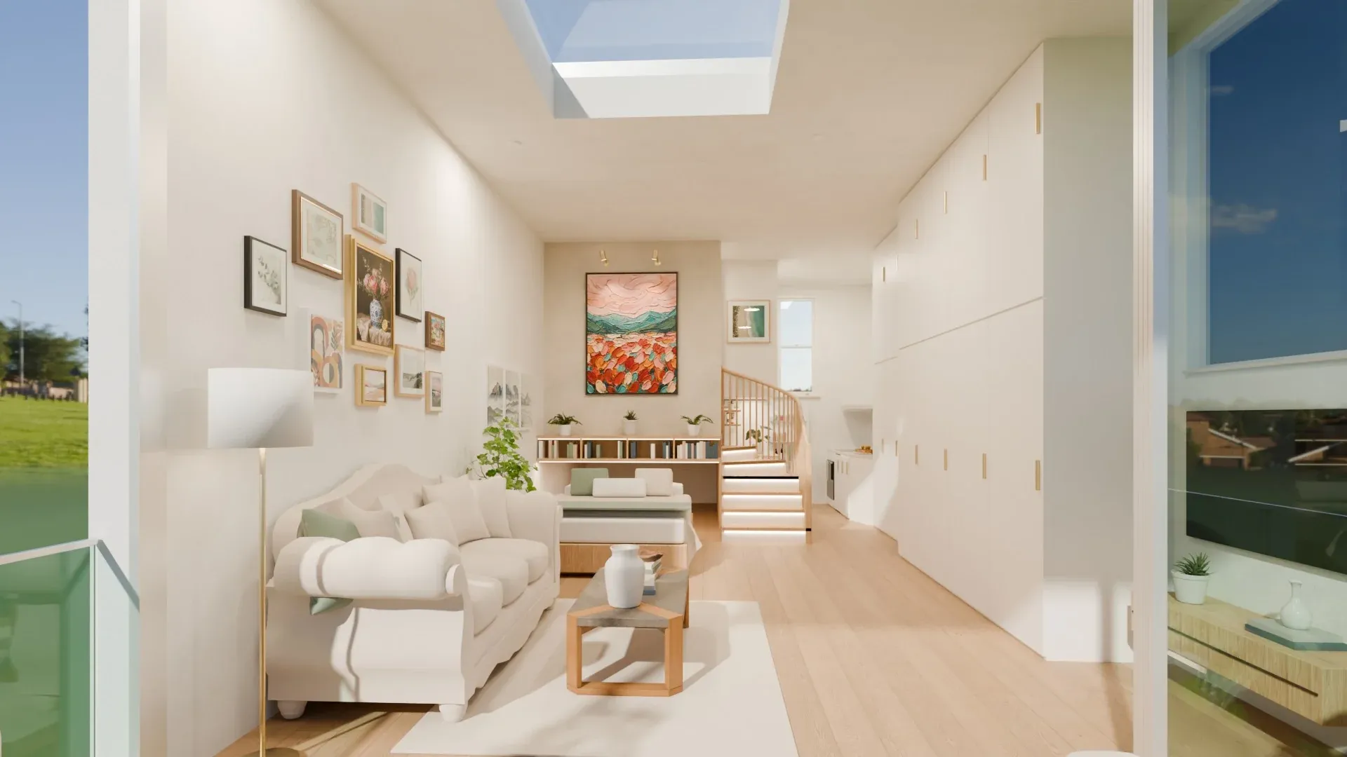 Render of the micro apartment from the covered deck: a linen sofa under a gallery wall of framed pictures, a skylight, a floor lamp, the bed below a bookshelf and a ledge of ferns, a palette-knife landscape lit by two brass picture lights, a curved oak stair and a wall of white joinery