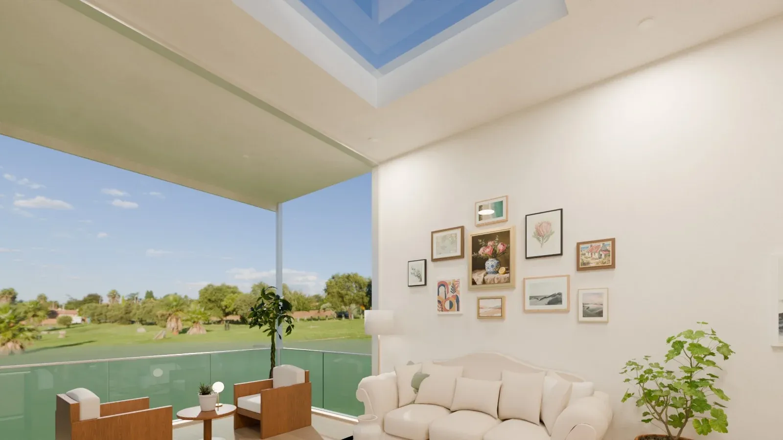 Render of the lounge under the new skylight, with a linen sofa beneath a gallery wall of framed pictures and the stacking doors open to the covered deck