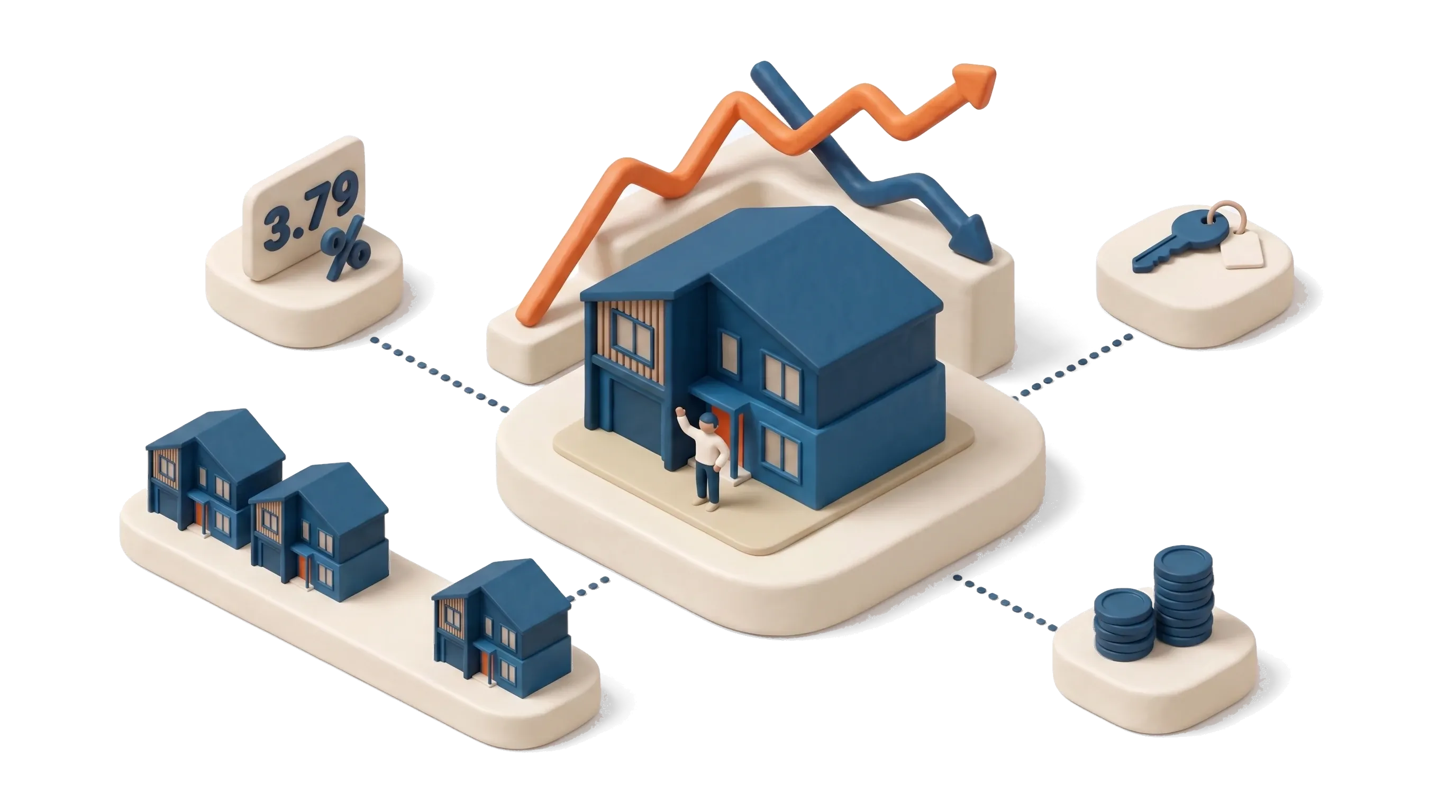 Isometric scene of rental yields in Australia 2026: a townhouse on a pedestal with a rising orange rent line and a falling navy price line crossing above it