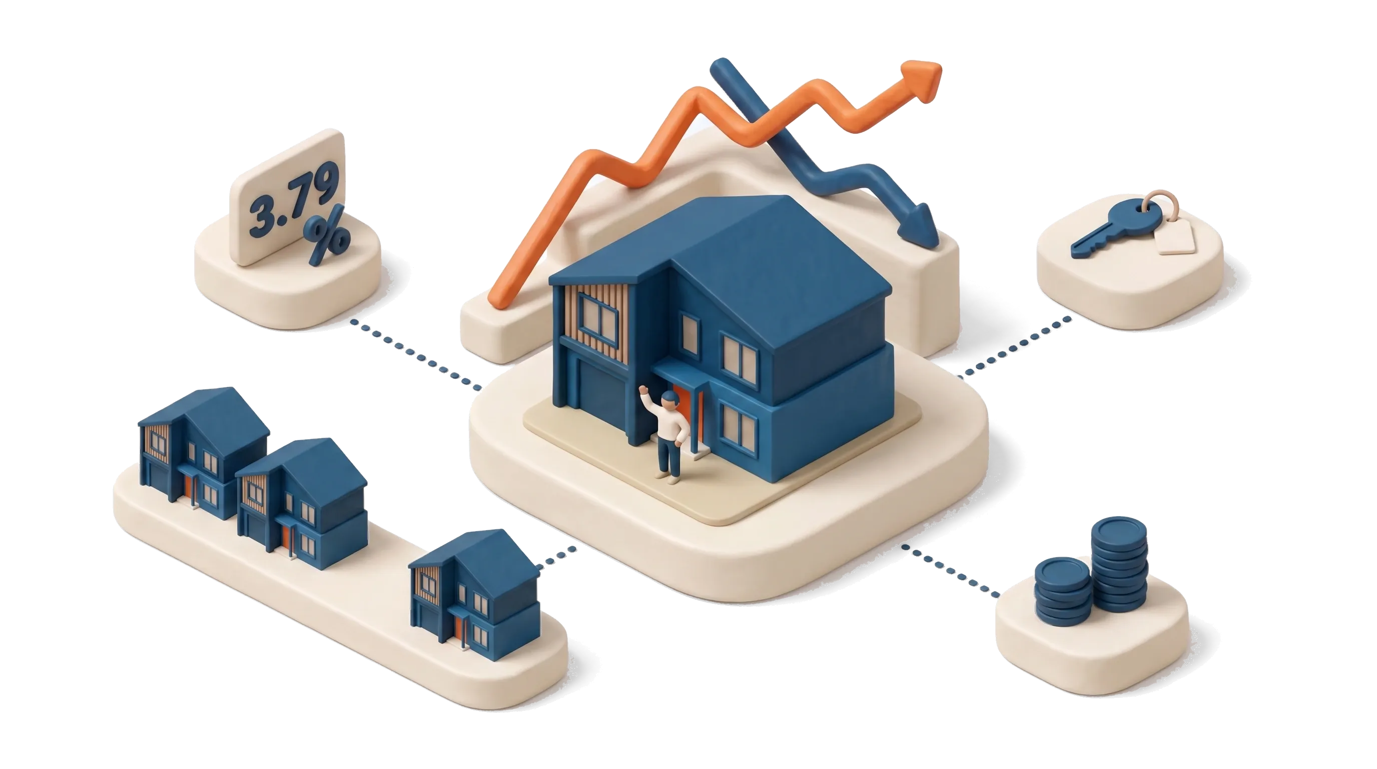 Isometric scene of rental yields in Australia 2026: a townhouse on a pedestal with a rising orange rent line and a falling navy price line crossing above it