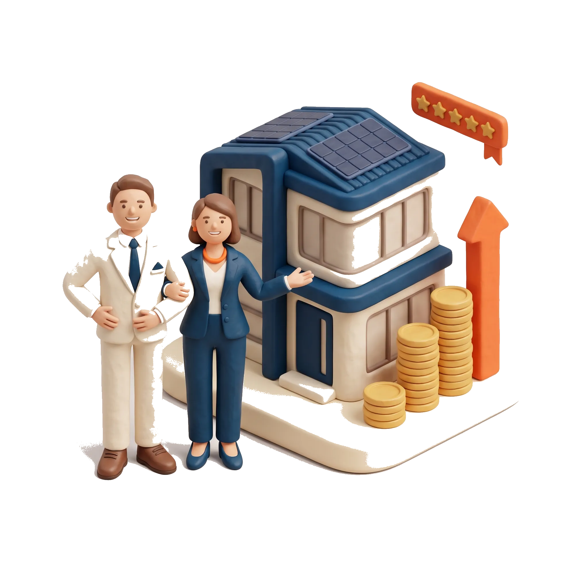 Happy repeat investors beside a finished townhouse with rising gold coins, an upward growth arrow and a five-star review — real property investment results.