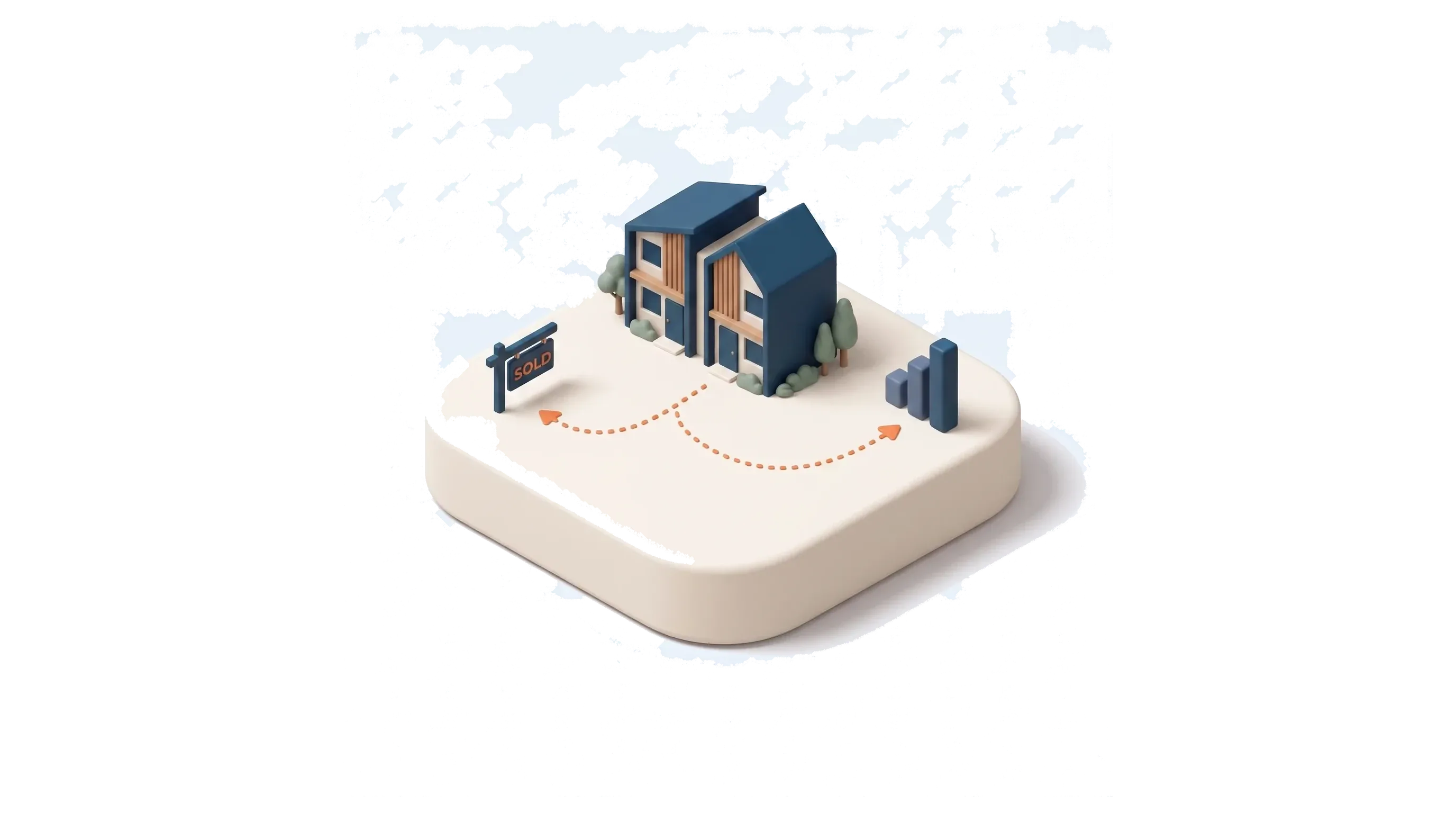 A clay navy house on a cream pedestal with a dotted orange arrow forking two ways, one to a SOLD sign and one to a rising bar chart, showing the sell or hold decision