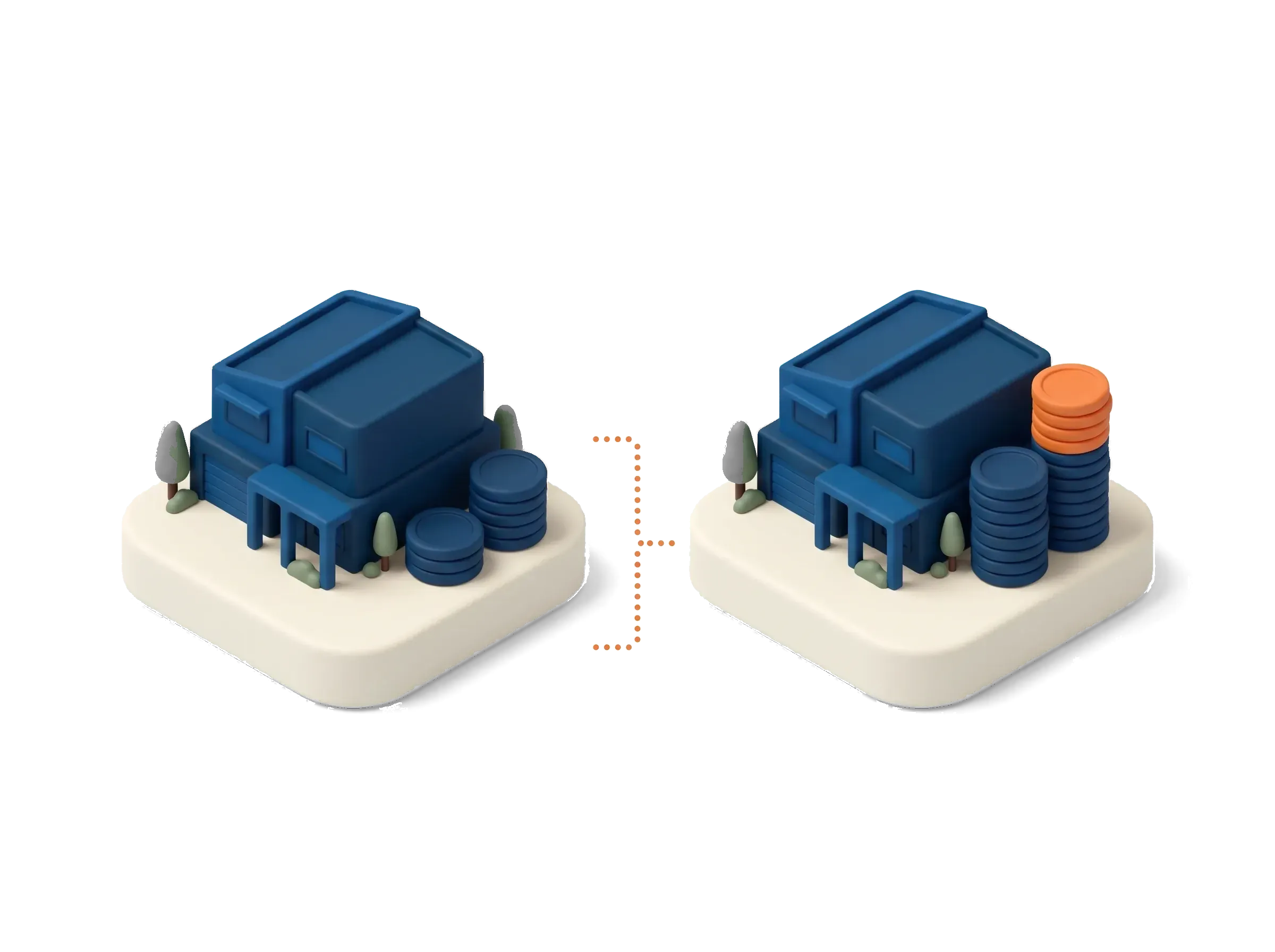 Two identical townhouses side by side, one with a taller stack of coins showing the manufactured development margin