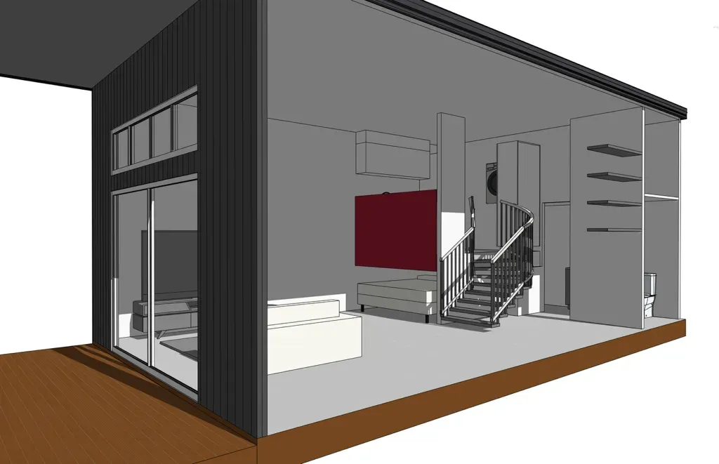Grey sketch model interior showing the sofa, the curved stair and the raised kitchen with a red feature face