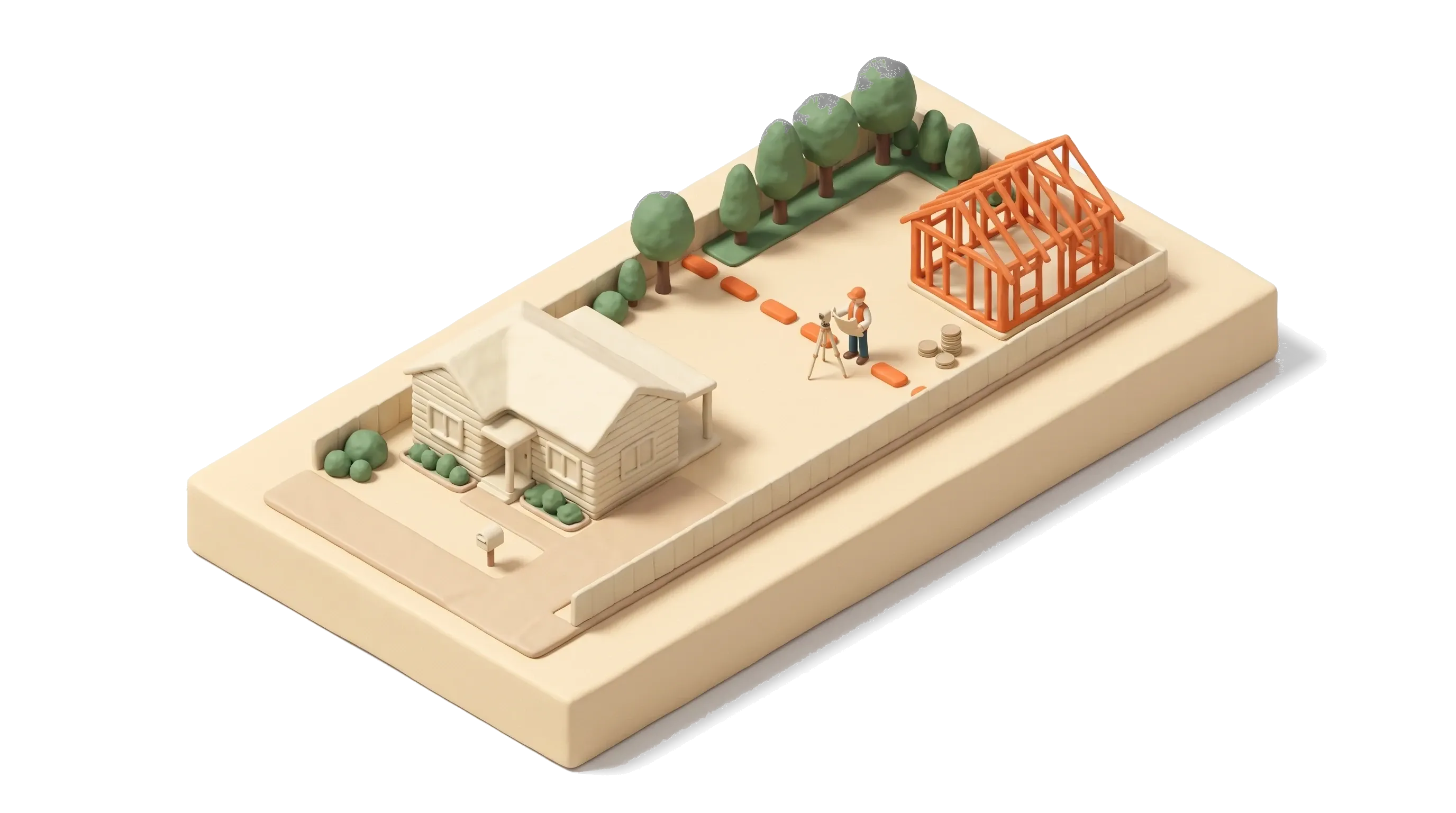 How much it costs to subdivide land: an older house at the front of a long block, a surveyor on a dotted line splitting off the backyard, and a new home being framed on the rear lot
