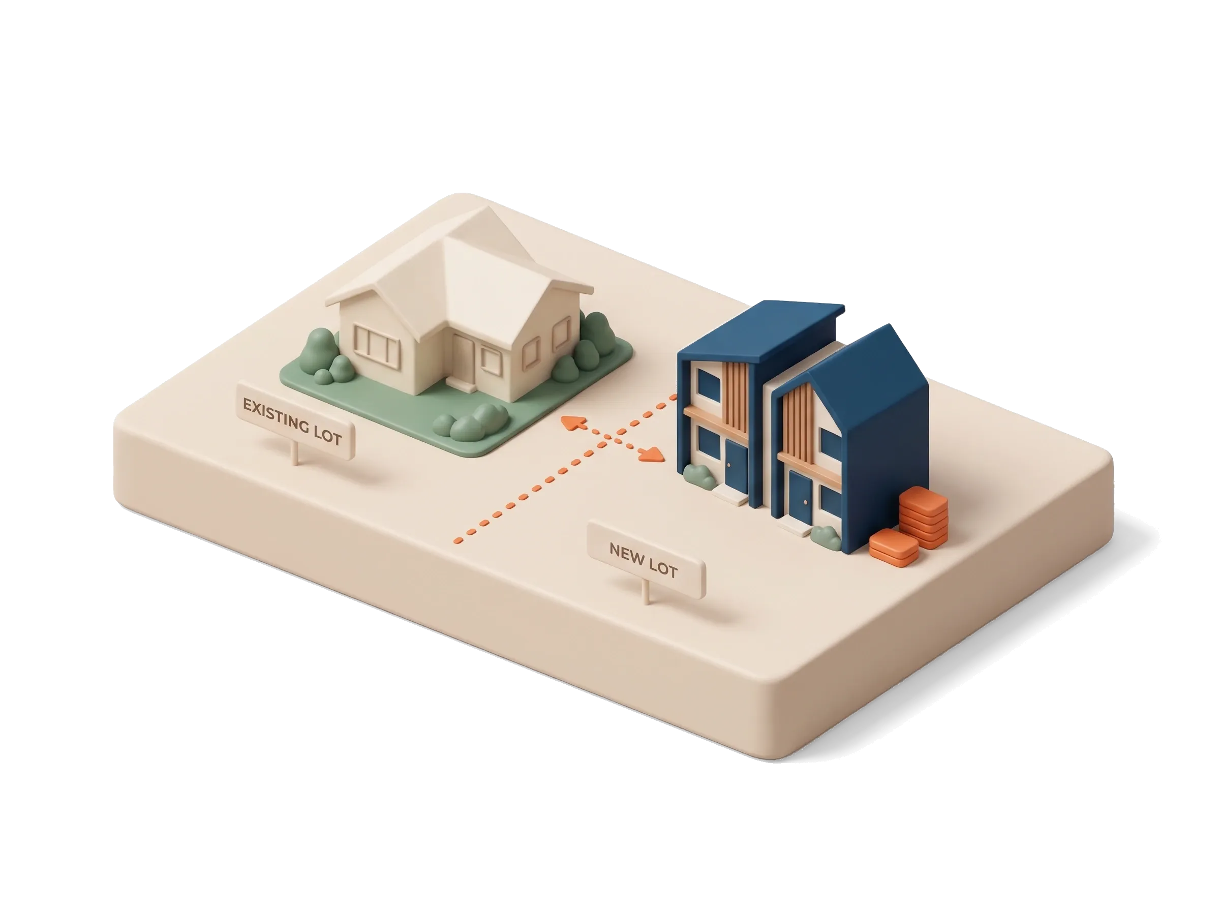 Developer contributions fall on the new lot: a block split by a dotted line, the existing house on one side, new homes and an orange coin stack on the other