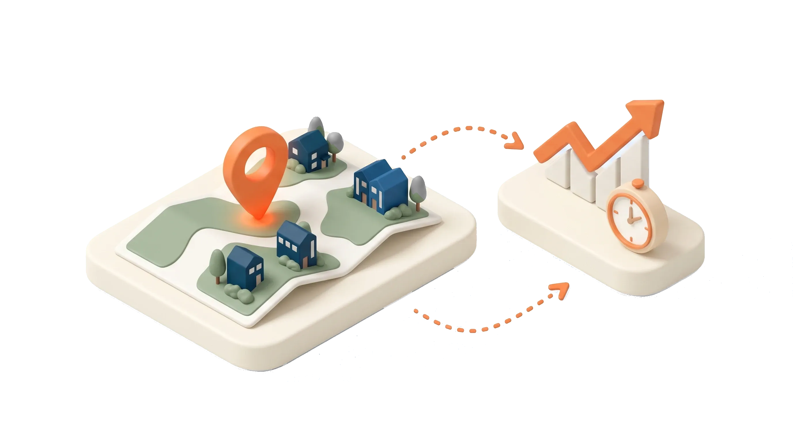 A location pin on a suburb map, leading to a rising growth chart